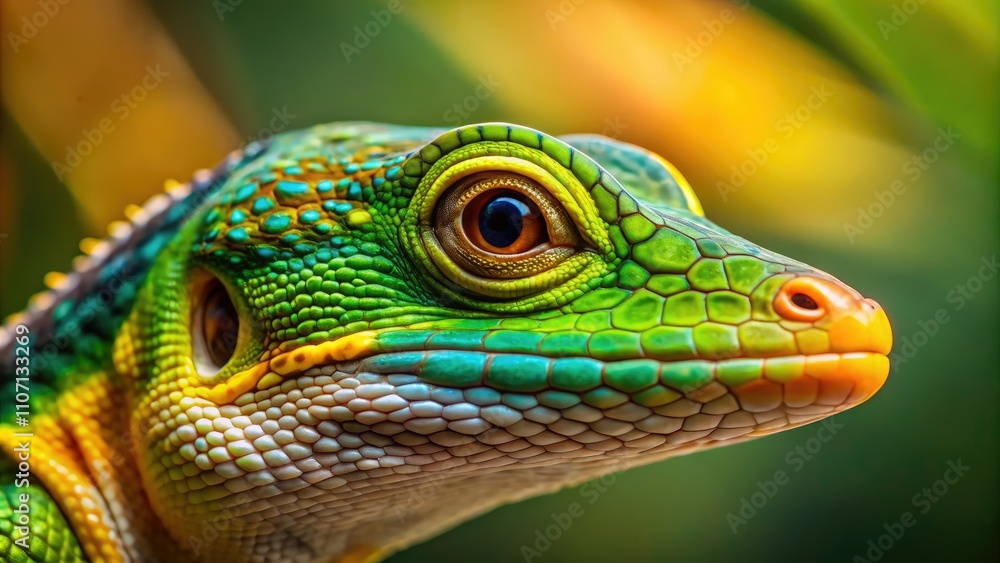 A striking close-up of a lizard's head featuring vibrant green and yellow stripes on its back, showcasing the captivating details of this remarkable reptile. A striking close-up of a lizard's head featuring vibrant green and yellow stripes on its back, showcasing the captivating details of this remarkable reptile.