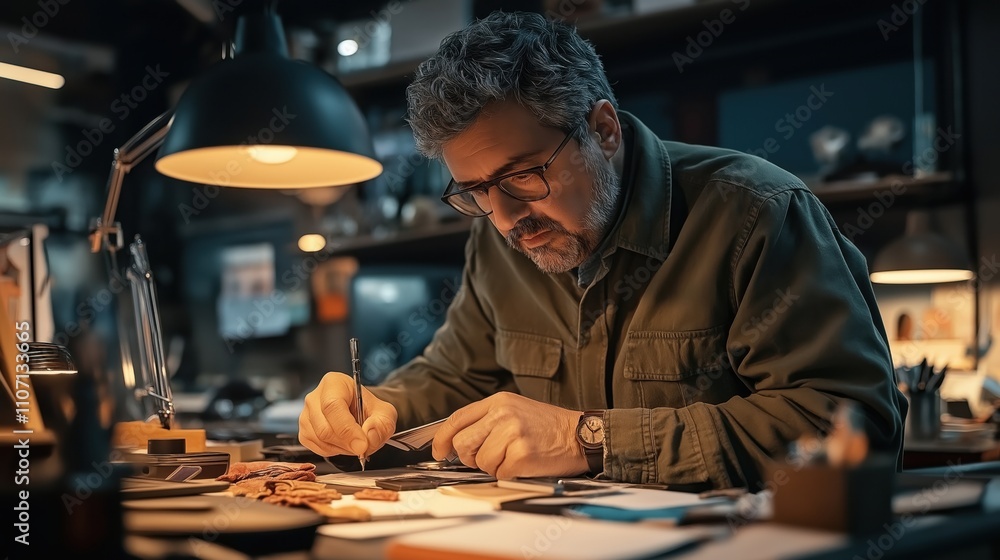 Middle-aged man with glasses sketching designs at a cluttered desk under warm lighting, surrounded by creative tools, focused in a workshop or studio environment. Middle-aged man with glasses sketching designs at a cluttered desk under warm lighting, surrounded by creative tools, focused in a workshop or studio environment.