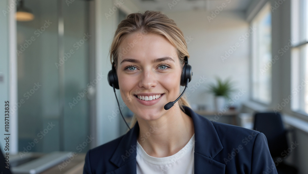 Blonde customer service representative in navy blazer providing virtual support Blonde customer service representative in navy blazer providing virtual support