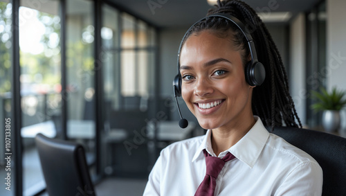 African American female customer support specialist with confident smile in office setting