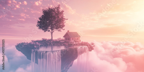 A surreal floating island with a small cottage, a single tree, and cascading waterfalls that vanish into clouds. The sky is a vibrant mix of pinks and purples, enhancing the fantasy vibe.