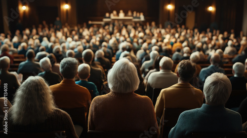 Large group of elderly people seated in an auditorium, facing a stage with speakers, suggesting a community meeting or event.