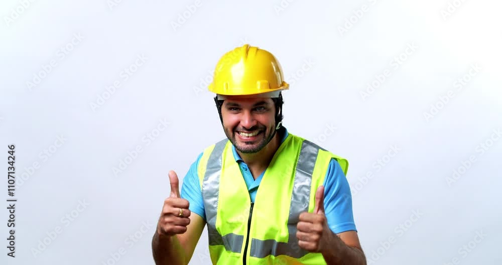 Portrait of a Joyful and Confident Indian Bearded Civil Engineer in Fluorescent Safety Jacket and Yellow Hard Hat Celebrating Success standing against White background Portrait of a Joyful and Confident Indian Bearded Civil Engineer in Fluorescent Safety Jacket and Yellow Hard Hat Celebrating Success standing against White background