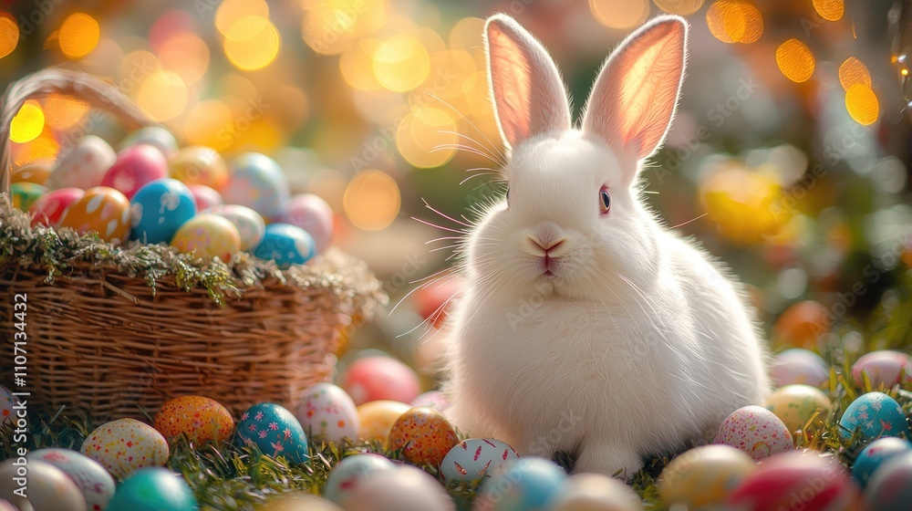 White and fluffy Easter bunny sits among a pile of colorful eggs on a spring background. Easter, eggs and bunny. White and fluffy Easter bunny sits among a pile of colorful eggs on a spring background. Easter, eggs and bunny.