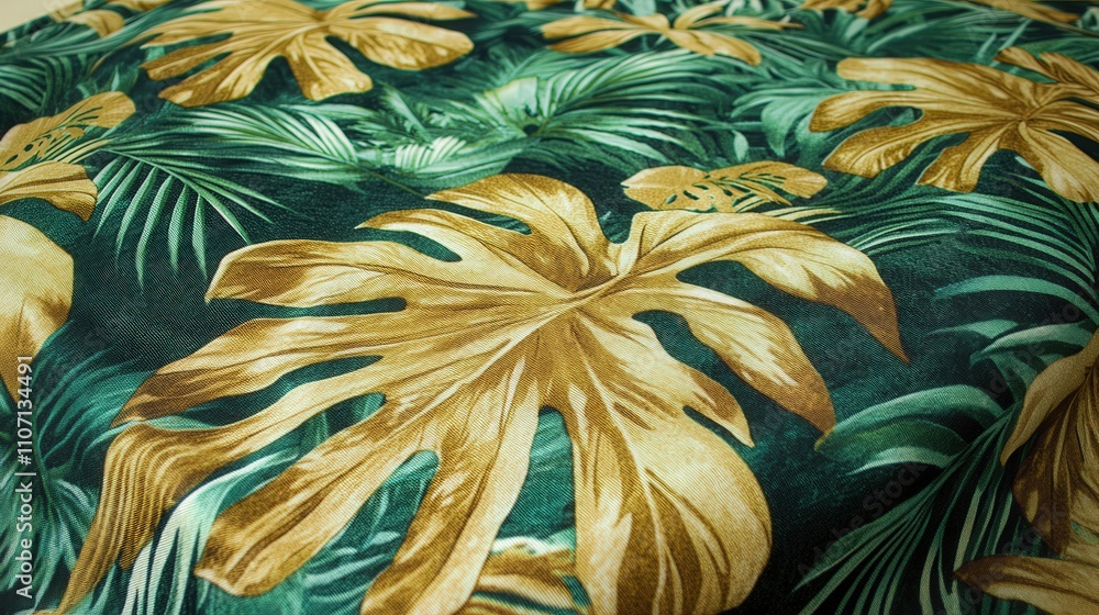 A tropical fabric pattern with bold, large palm leaves in shades of green and gold. A tropical fabric pattern with bold, large palm leaves in shades of green and gold.