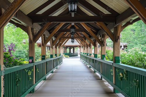 elegant pedestrian bridge covered with green and cream wooden shiny in lodge building 