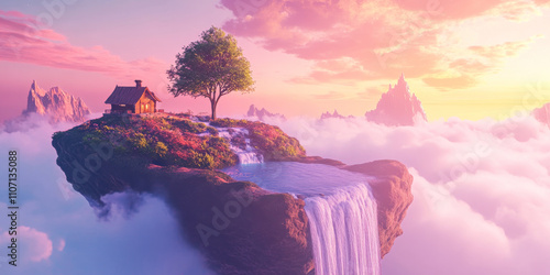 A surreal floating island with a small cottage, a single tree, and cascading waterfalls that vanish into clouds. The sky is a vibrant mix of pinks and purples, enhancing the fantasy vibe.