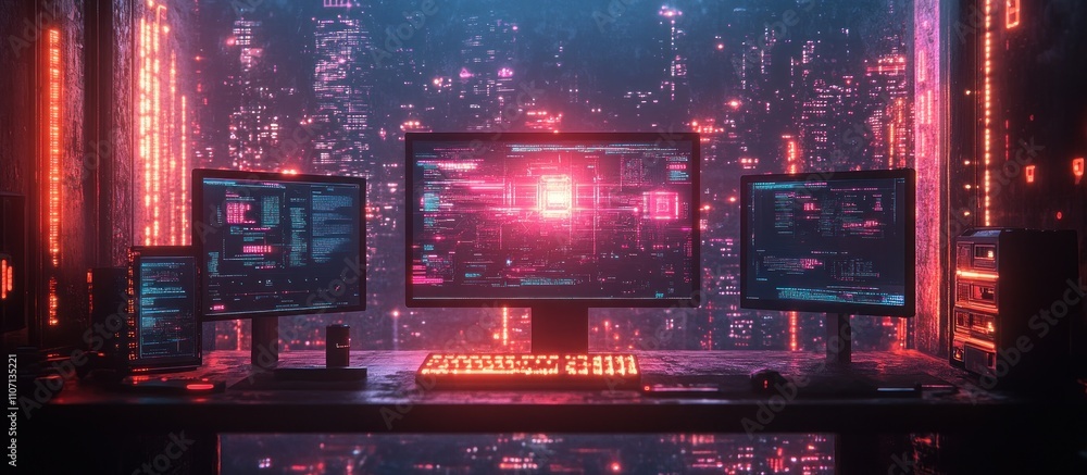 Fototapeta premium A cyberpunk aesthetic computer setup with three monitors displaying data and code, set against a backdrop of a glowing city.