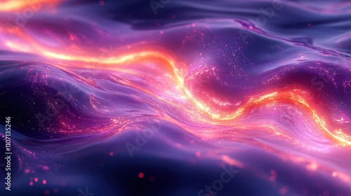 A vibrant, abstract depiction of flowing waves with glowing lines, featuring rich purple and orange hues that evoke a sense of movement and energy.