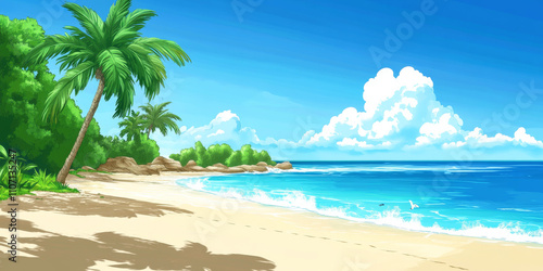 A tropical beach scene with fine white sand, turquoise water gently lapping the shore, and lush green palm trees swaying in a soft breeze. The sky is bright blue with a few fluffy white clouds,