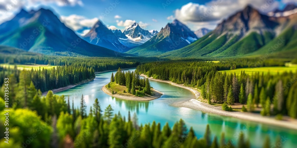 Fototapeta premium Stunning Tilt-Shift Photography of The Bow River with Lush Greenery and Majestic Mountains in the Background, Capturing Nature's Beauty in a Miniature World Effect