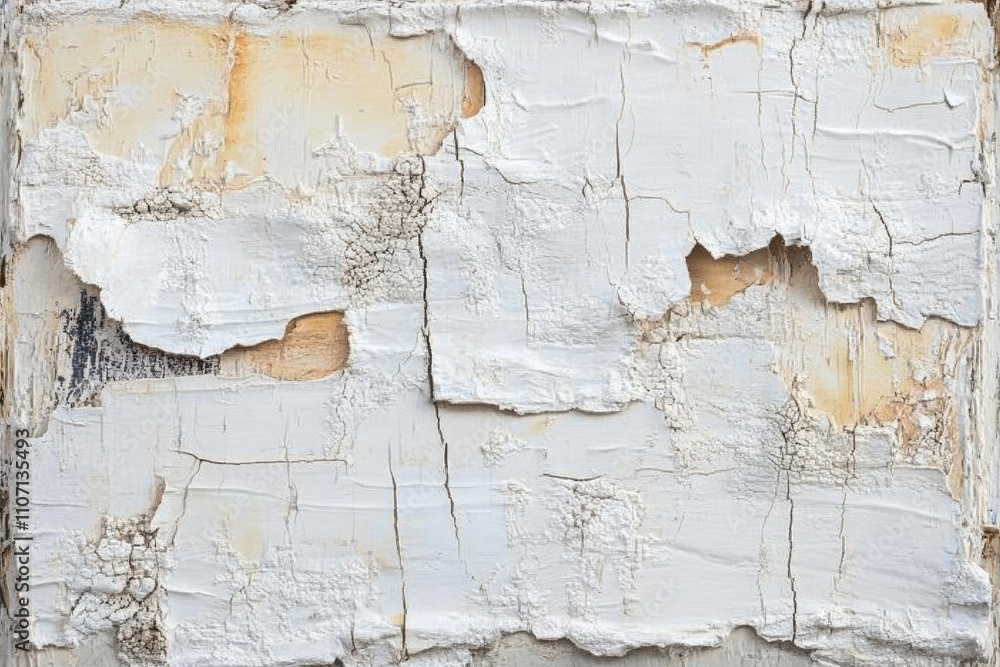 Fototapeta premium Textured cracked paint, rugged white and beige tones with visible aged layers, rustic and tactile