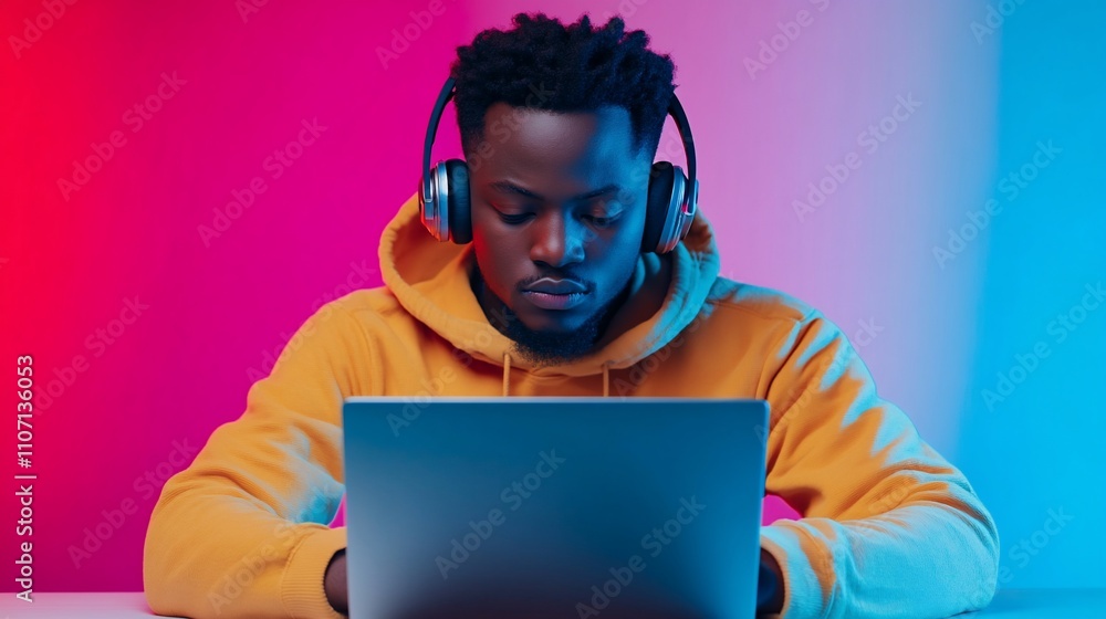 A focused individual using a laptop while wearing headphones. A focused individual using a laptop while wearing headphones.