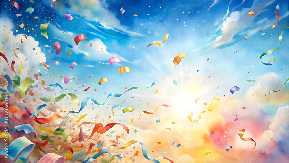 Vibrant confetti explosion, festive and dynamic, with colorful streamers and bright blue sky, with copy space Vibrant confetti explosion, festive and dynamic, with colorful streamers and bright blue sky, with copy space
