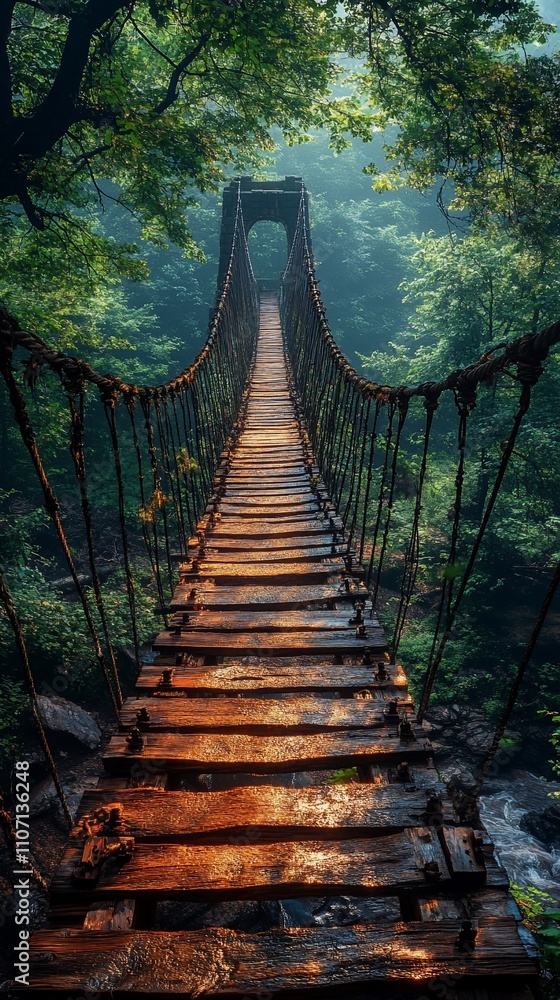 Fototapeta premium A rustic wooden suspension bridge stretches over a lush, misty forest landscape.