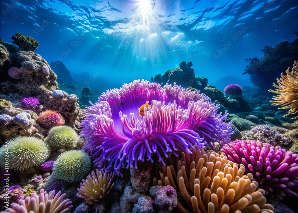 Obraz premium Stunning Underwater Scene Featuring a Purple Giant Carpet Sea Anemone (Stichodactyla gigantea) Amidst Vibrant Coral Reefs in a Thriving Marine Ecosystem