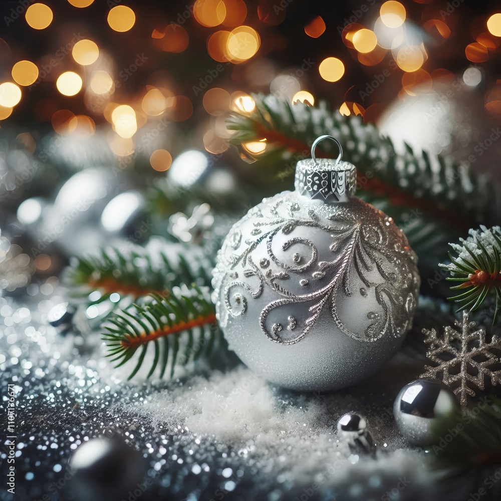 Silver Christmas Ornament - Decorated Christmas Bauble Background with Space for Copy - Christmas Ornament with Christmas Tree - Holiday Diffused Bokeh Wallpaper - Snow, Mistletoe and Presents Silver Christmas Ornament - Decorated Christmas Bauble Background with Space for Copy - Christmas Ornament with Christmas Tree - Holiday Diffused Bokeh Wallpaper - Snow, Mistletoe and Presents