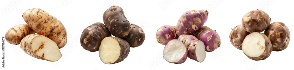 Obraz premium assorted types of fresh root vegetables sliced exposed transparent background
