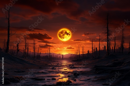 Full Moon Red Sky Barren Landscape Sunset photo