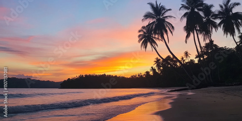 A tranquil tropical sunset with silhouettes of palm trees and gentle waves lapping the shore. The sky is painted with shades of orange, pink, and purple, creating a relaxing vibe.