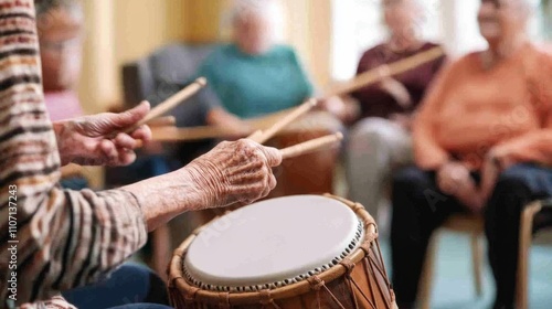 A music therapist conducting a drum circle therapy session with elderly residents in a nursing home, with musical instruments and therapeutic environment visible, Therapeutic style