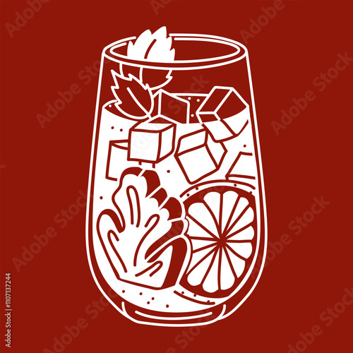 glass of grapefruit juice with ginger, mint and ice cubes on burgundy. white silhouette is an autumn drink with vitamins. Cocktail of red, burgundy color in flat style white. Contrasting illustration