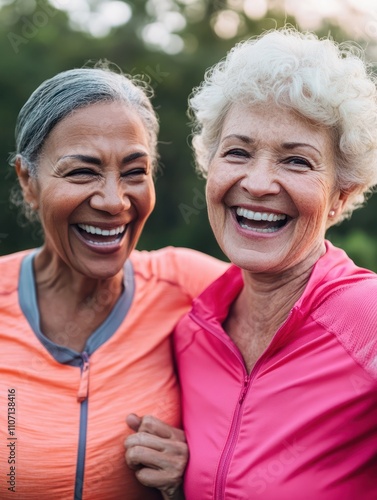 Multiracial senior women having fun together after sport workout outdoor - Main focus on right female face