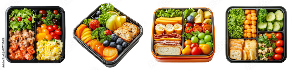 Colorful gourmet lunch boxes filled with fruits and vegetables transparent background Colorful gourmet lunch boxes filled with fruits and vegetables transparent background