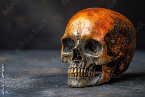 A close-up view of a weathered human skull resting on a dark surface with subtle textures