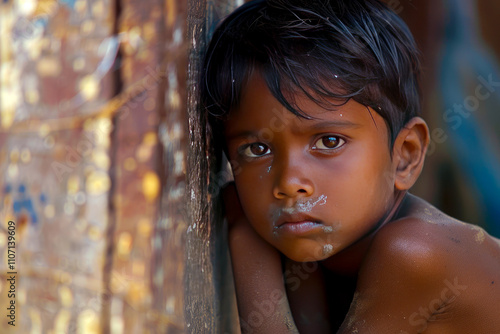 A young Indian boy deceives out of fear, his lies a shield against punishment, his innocence tainted by dishonesty, his actions betraying trust and loyalty