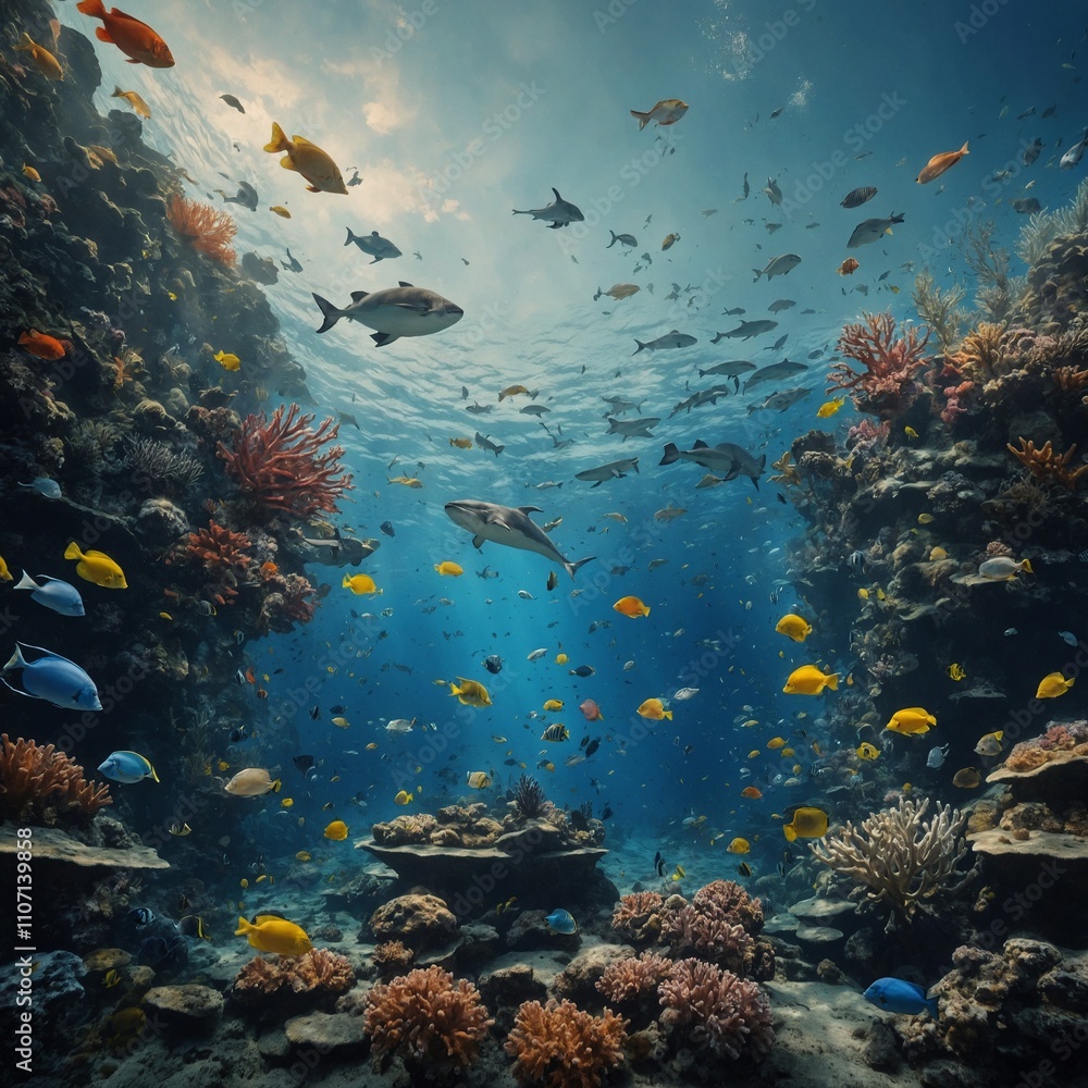 Fototapeta premium Design a mural featuring aquatic animals.