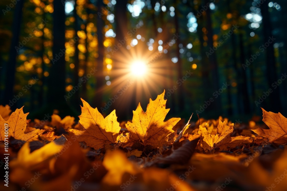 Golden Autumn Leaves with Sunlight in Forest Golden Autumn Leaves with Sunlight in Forest