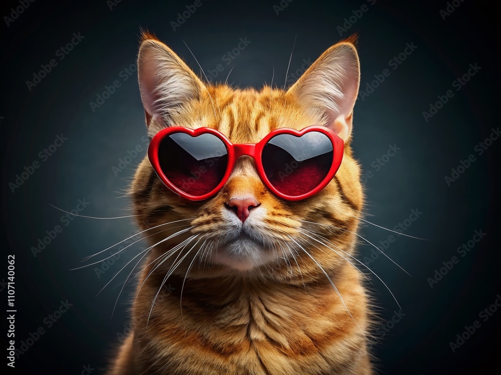 A stylish ginger cat dons heart-shaped sunglasses, striking a playful pose against a dark background, showcasing its personality and charm in this captivating pet portrait. A stylish ginger cat dons heart-shaped sunglasses, striking a playful pose against a dark background, showcasing its personality and charm in this captivating pet portrait.