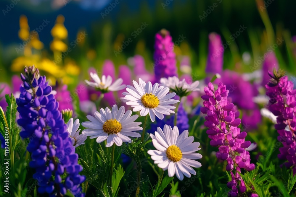 Vibrant Wildflower Meadow with Daisies and Lupines Vibrant Wildflower Meadow with Daisies and Lupines