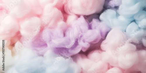 A soft pastel background featuring fluffy cotton candy-like clouds in shades of pink, lavender, and baby blue. The whimsical design evokes a dreamlike and calming atmosphere, perfect for creative or