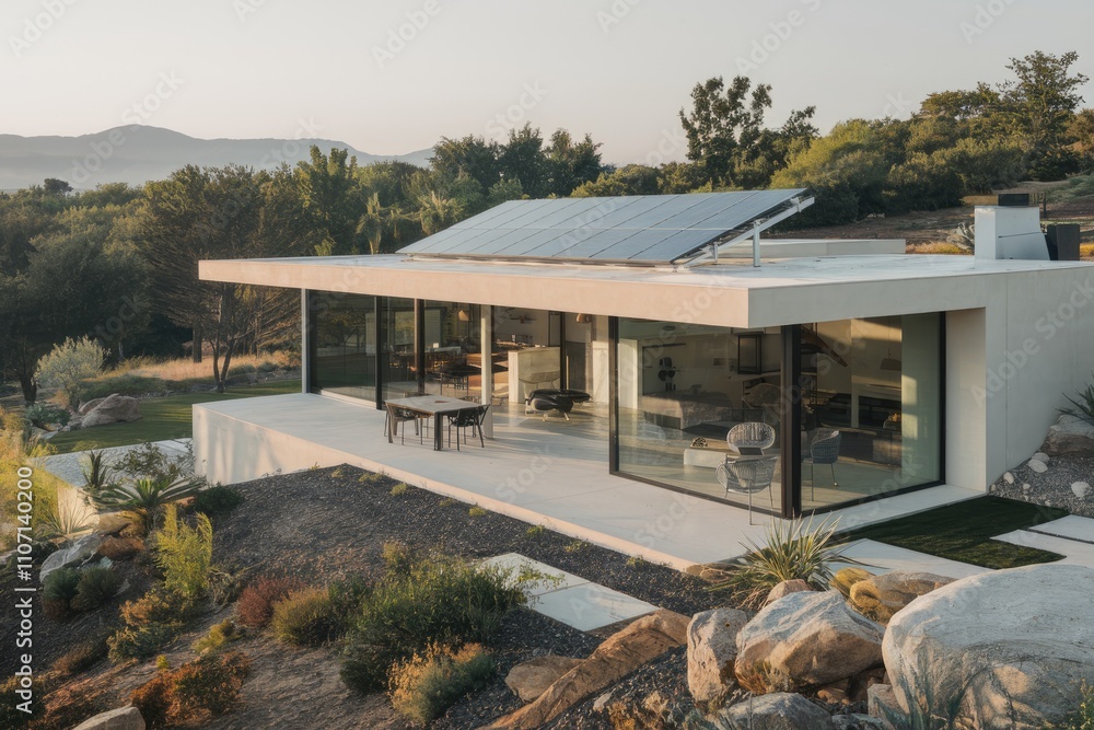 Obraz premium Modern sustainable house with solar panels in natural landscape