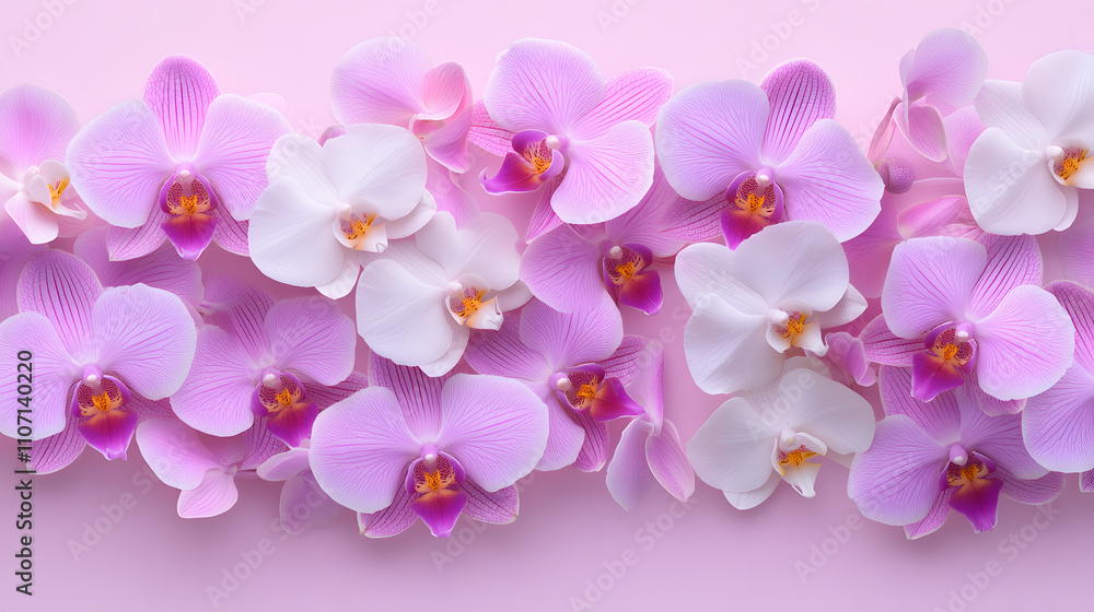 Natural floral pattern display close-up view orchid flowers soft pink background botanical concept for serenity Natural floral pattern display close-up view orchid flowers soft pink background botanical concept for serenity