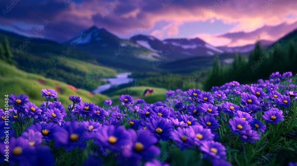 Vibrant Purple Wildflowers in Scenic Mountain Landscape at Sunrise Vibrant Purple Wildflowers in Scenic Mountain Landscape at Sunrise
