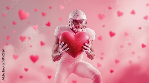 Football player with heart. American football player in white uniform holding a large red heart surrounded by floating pink hearts, symbolizing love and passion. photo