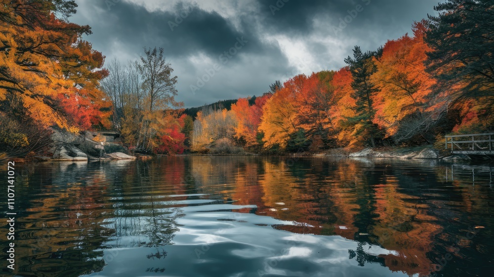 Fototapeta premium Colorful autumn trees reflecting in calm lake under cloudy sky