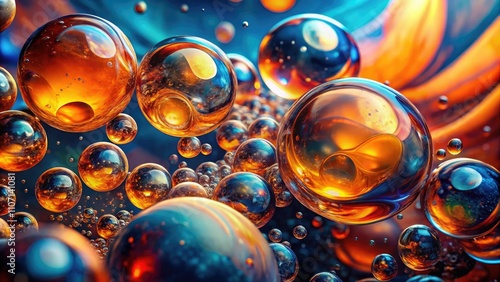 A surreal macro image showcasing vibrant orange and blue bubbles suspended in liquid, evoking themes of freshness, purity, fluidity, hydration, scientific inquiry, and abstract artistry.