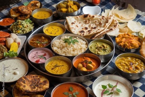 Indian thali presenting variety of delicious dishes with naan bread