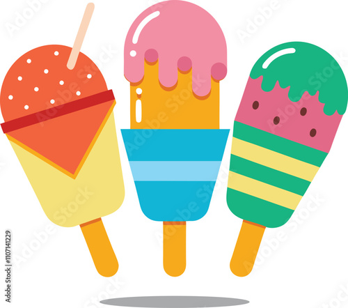 Melting ice cream balls in the waffle cone isolated on pink background. Vector flat outline icon. Comic character in cartoon style illustration for t shirt design