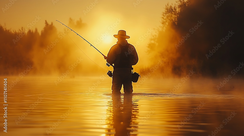 Fisherman Casts Line at Sunrise, Golden Hour Serenity Fisherman Casts Line at Sunrise, Golden Hour Serenity