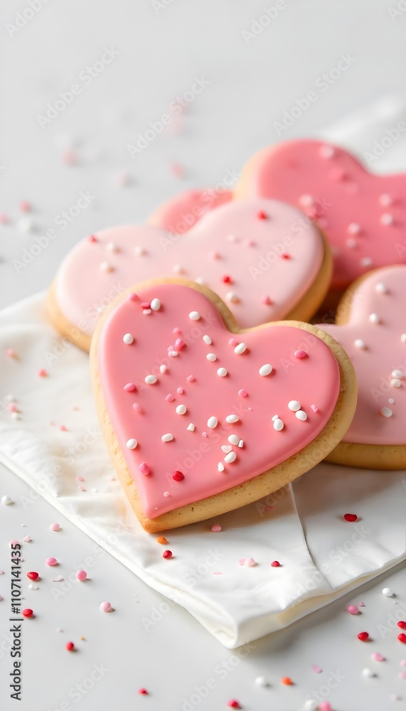 Heart shaped cookies with icing and sprinkles on a white napkin Heart shaped cookies with icing and sprinkles on a white napkin