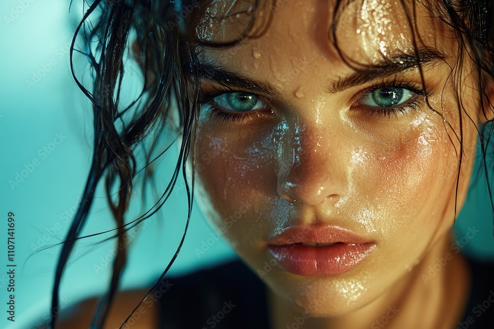 Wet woman emerging from water with intense gaze Wet woman emerging from water with intense gaze