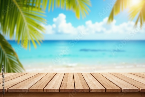 Fototapeta Naklejka Na Ścianę i Meble -  Tropical beach background with wooden deck overlooking clear blue sea and palm leaves in sunny weather.