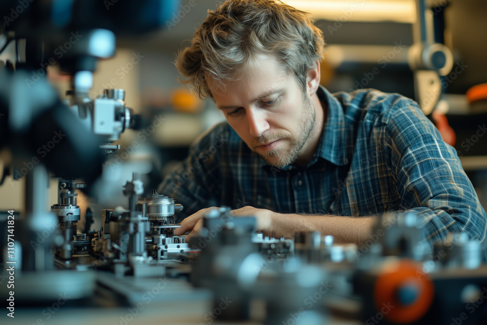 Engineer examines precision components in a modern manufacturing facility Engineer examines precision components in a modern manufacturing facility
