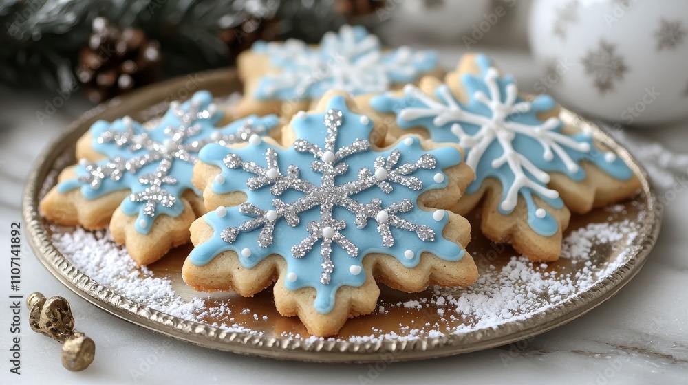 Fototapeta premium Glittery snowflake cookies with frosty powdered sugar, designed for kids' winter parties, shimmering in frosty light, snowflake cookies, creative treats