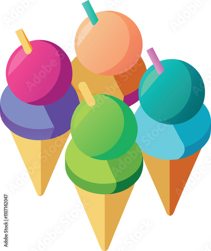 Melting ice cream balls in the waffle cone isolated on pink background. Vector flat outline icon. Comic character in cartoon style illustration for t shirt design